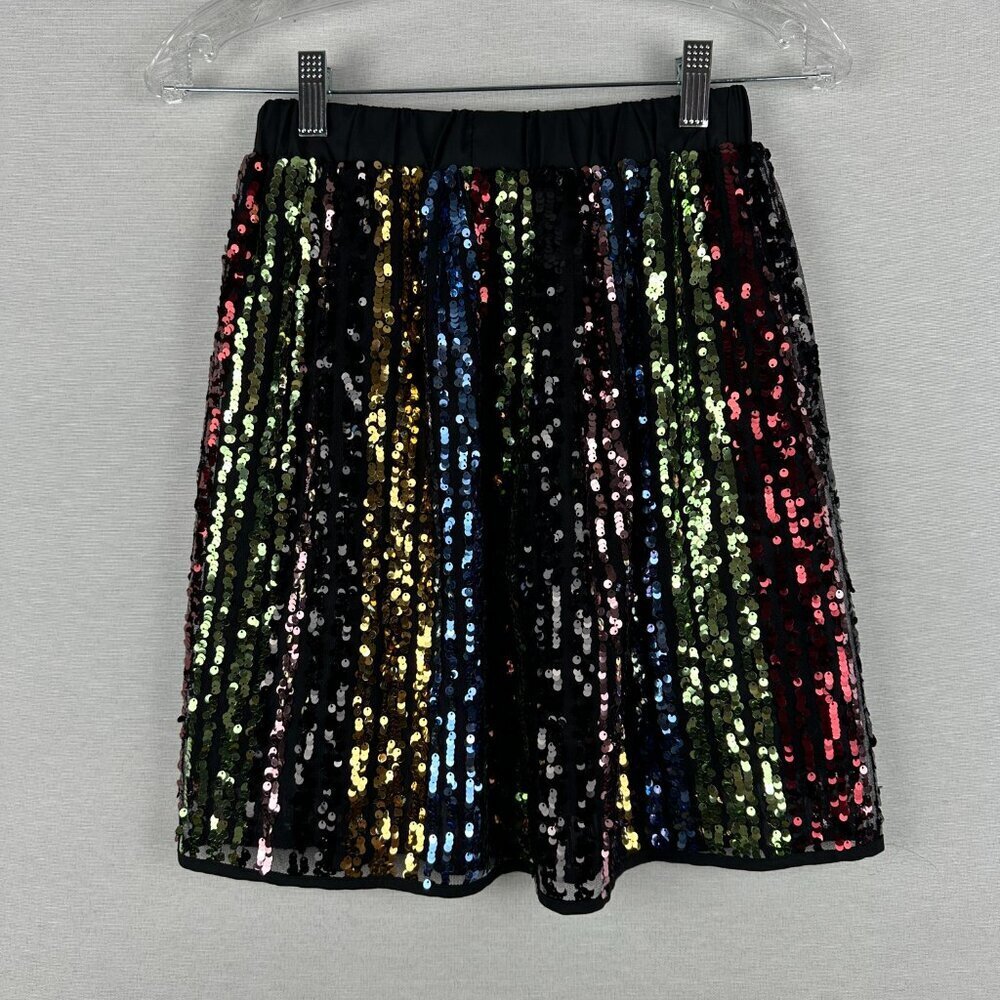 SHEIN RAINBOW SEQUIN FLARE FULLY LINED MINI SKIRT VERTICAL STRIPES SIZE 11-12 Y - Picture 3 of 6